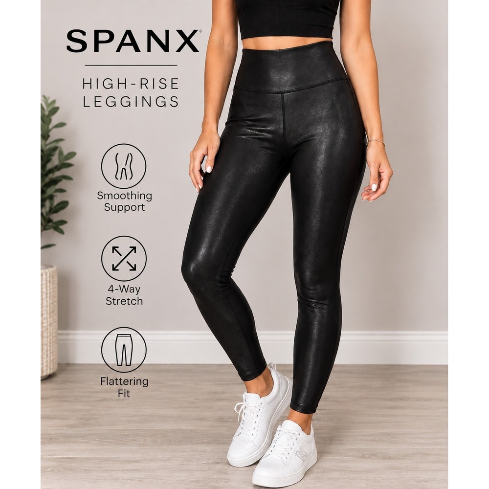 Spanx Faux Leather Leggings Black High Rise Smoothing Support Small 2437G